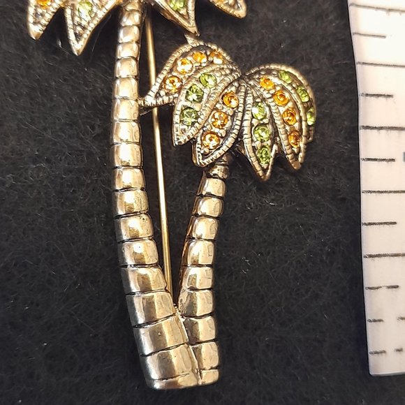 Twin 2 Crystal Palm Tree Pin Brooch Green & Topaz Color Crystals Pre-Owned - Picture 5 of 8
